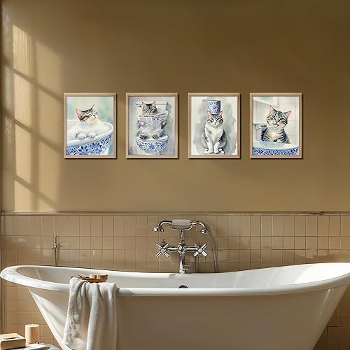 Miniatura 3 de DEQSX Juego de 4 impresiones artísticas de pared de gato chinoiserie azul y blanco, regalos para amantes de los gatos, pósteres vintage lindos de