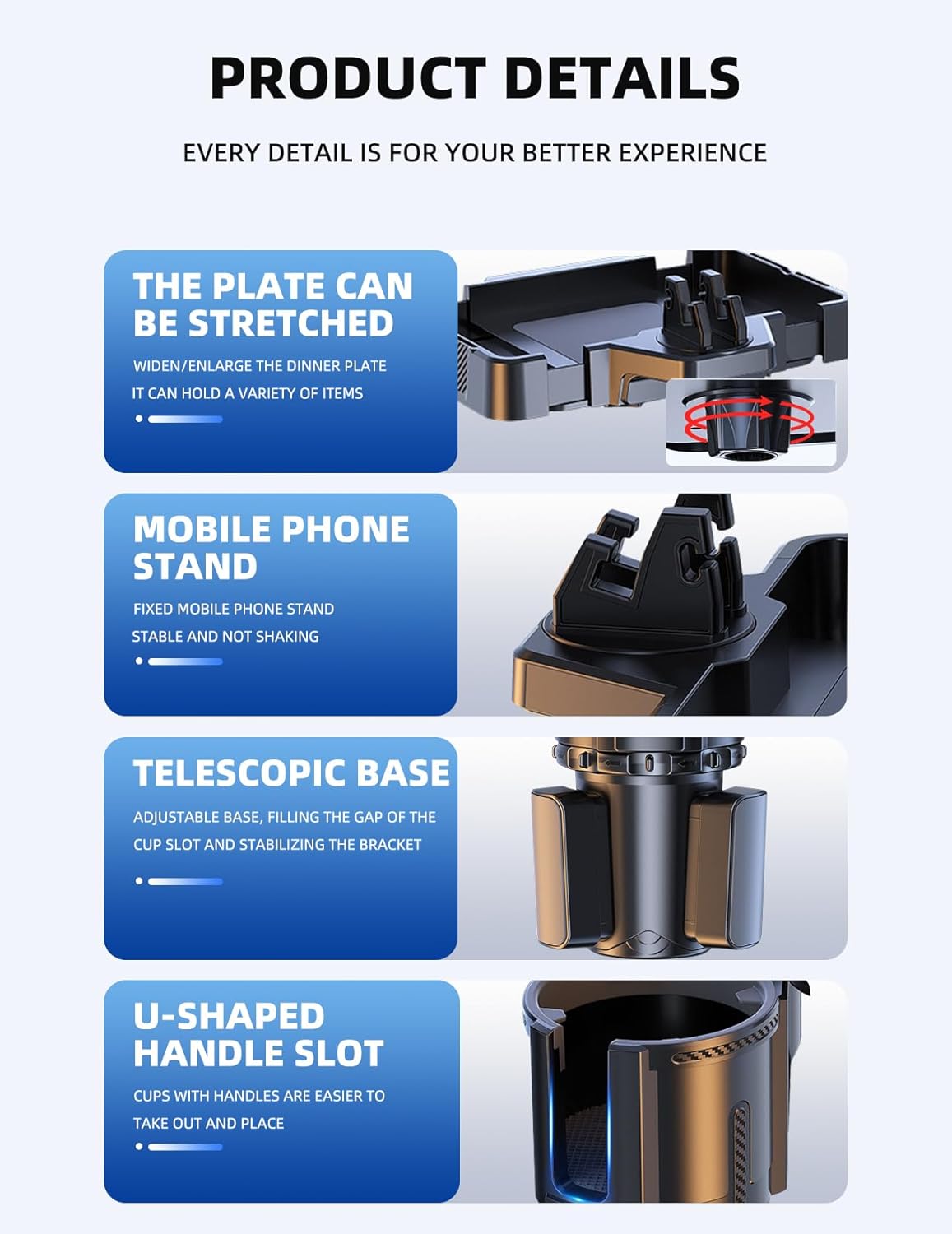Car Cup Holder Tray, 10 Inch 4-in-1 Cup Holder Tray, 360° Rotating Drink Holder Expander with Detachable Food Tray & Phone Holder, Road Trip Essentials