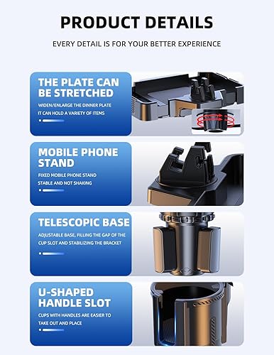 Miniatura 5 de Bandeja portavasos, 4 en 1, expansor de soporte para bebidas con mesa expandible para alimentos, para viajes por carretera y viajes diarios