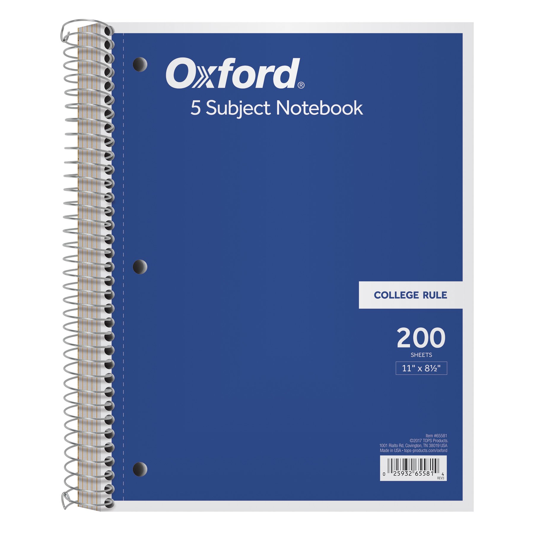 TOPS 5-subject Cahier à spirale, College Rule, 21,6 x 27,9 cm, Blanc, 200 feuilles par livre, Housse de couleur peut varier (65581)