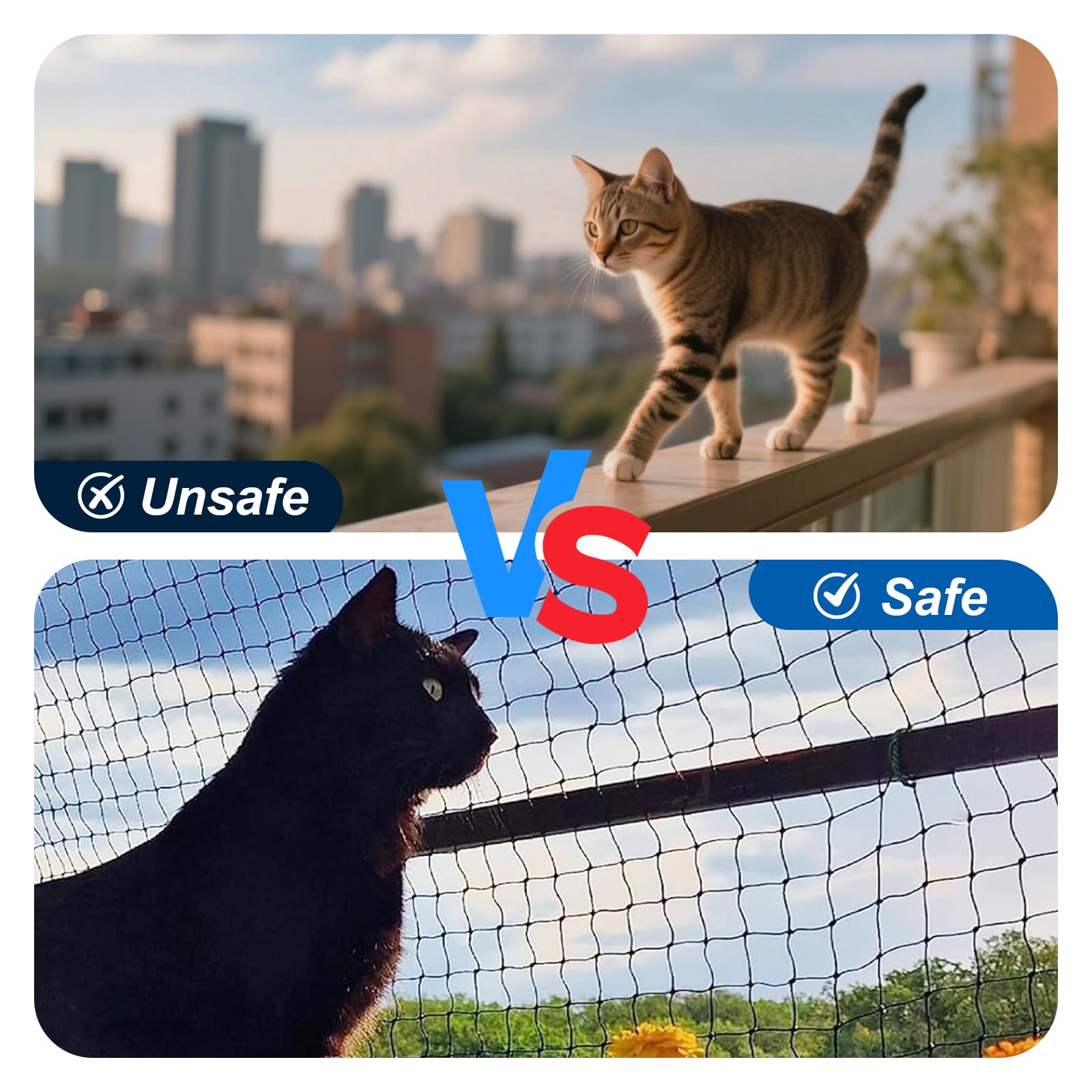 Filet pour Chat Haut de Gamme pour Balcon, Amélioré 4x3m Filet de Protection Chat, Résistant Aux Morsures Et à La Déchirure, pour Sécuriser Les Balcons, Terrasses, Fenêtres, Portes