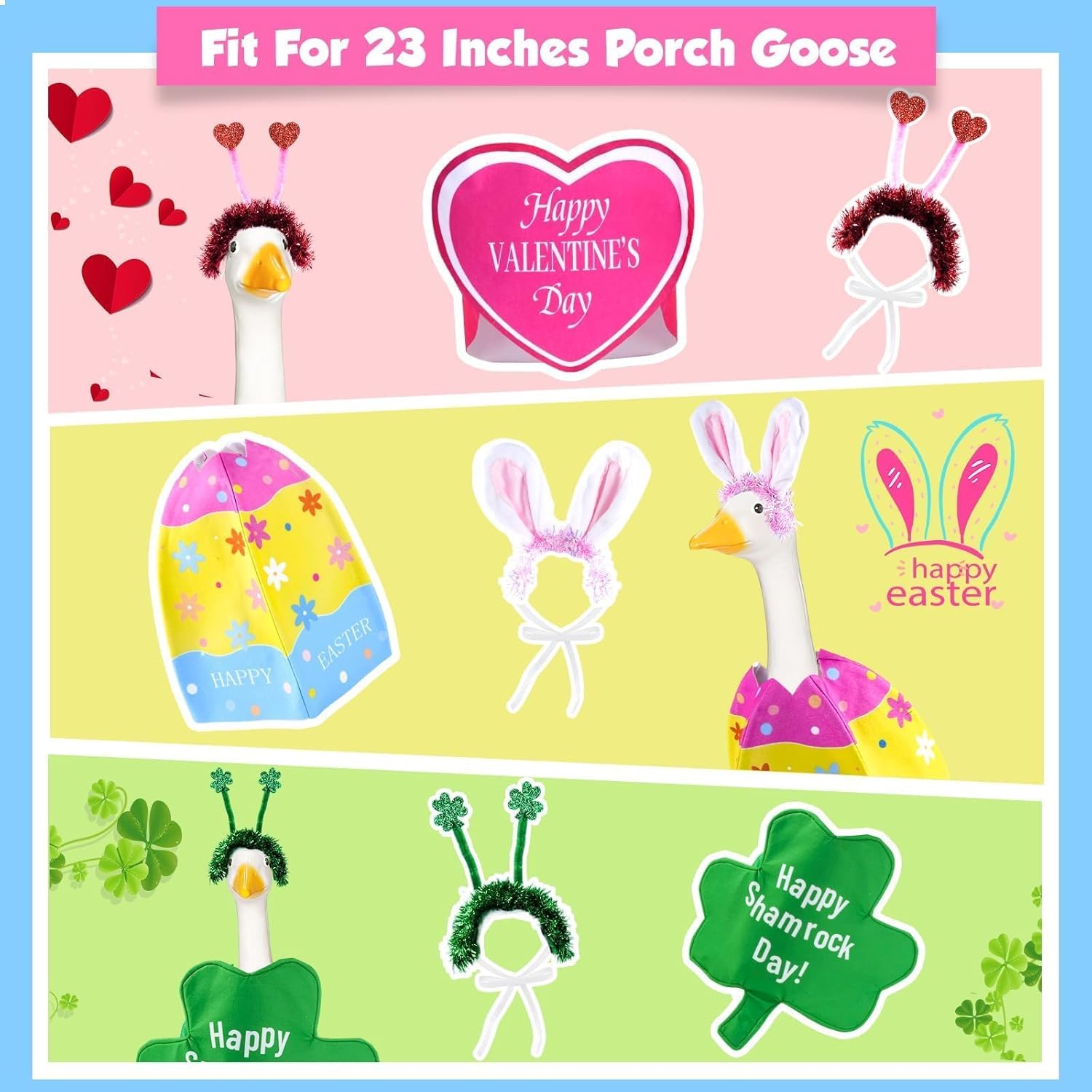 3 Sets Easter Porch Goose Outfits for 23'' Goose Statue Valentines St. Patrick Day Porch Goose Costume Clothes Spring Lawn Garden Patio Yard Porch Outdoor Decorations