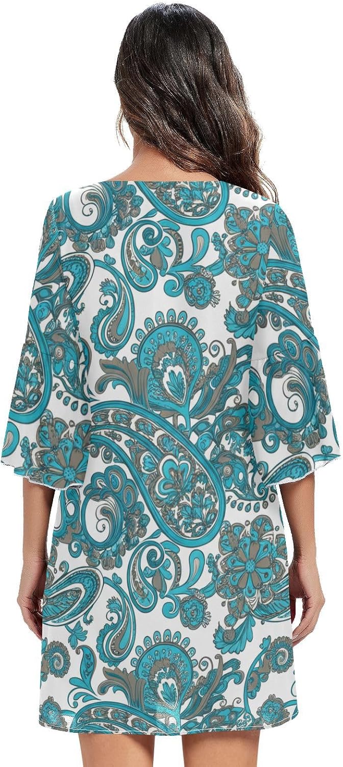 Blue Green Paisley Flroal V Neck Summer Dress Printed V Line Dress Women S-XXL