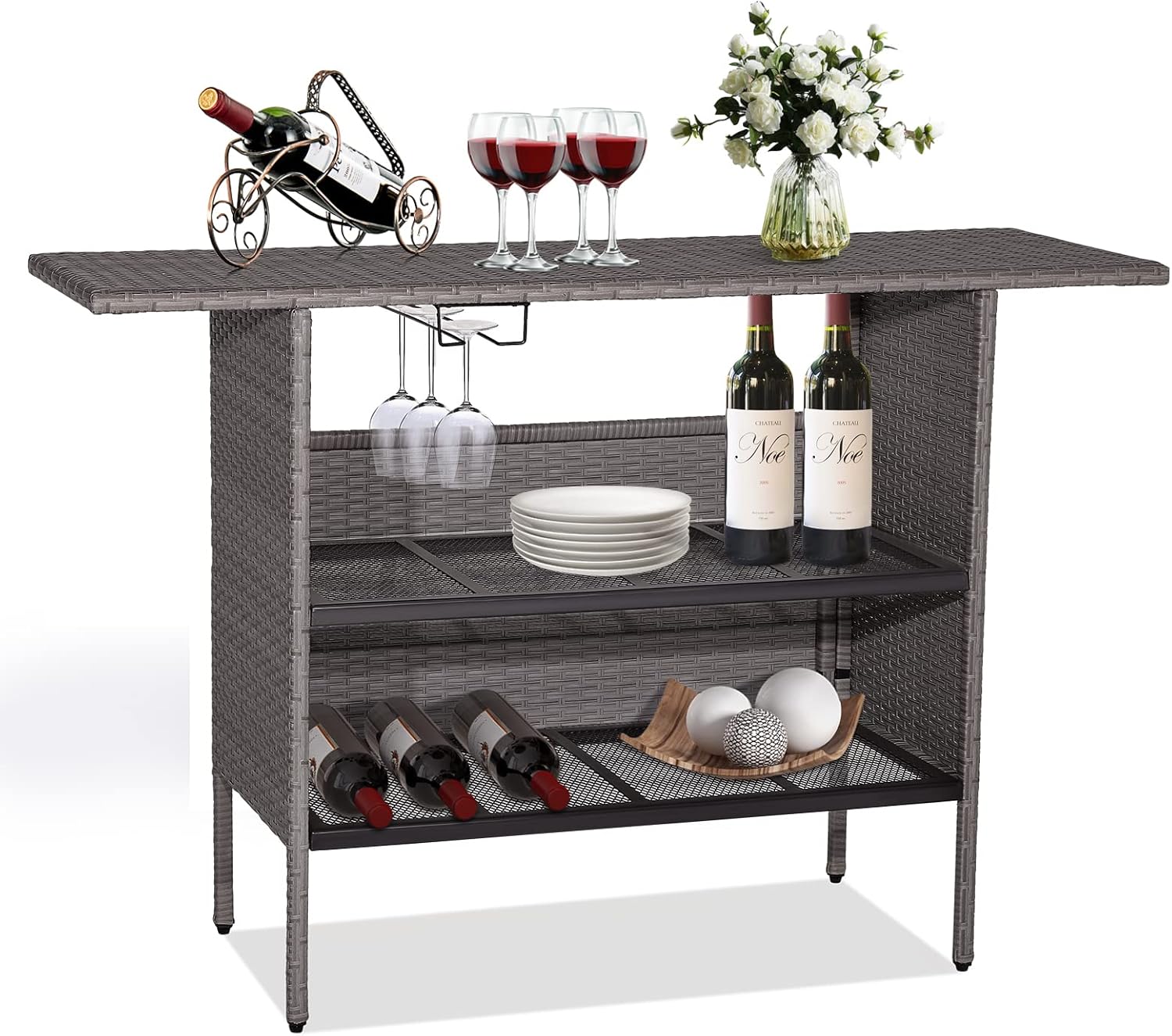 Giantex Outdoor Patio Wicker Bar Table, 2 Storage Shelves, 55''W Tabletop, Rails for Hanging Wine Glasses, Heavy-Duty Metal Frame, Bistro Rattan Bar Counter Table for Poolside Backyard (Mix Gray)