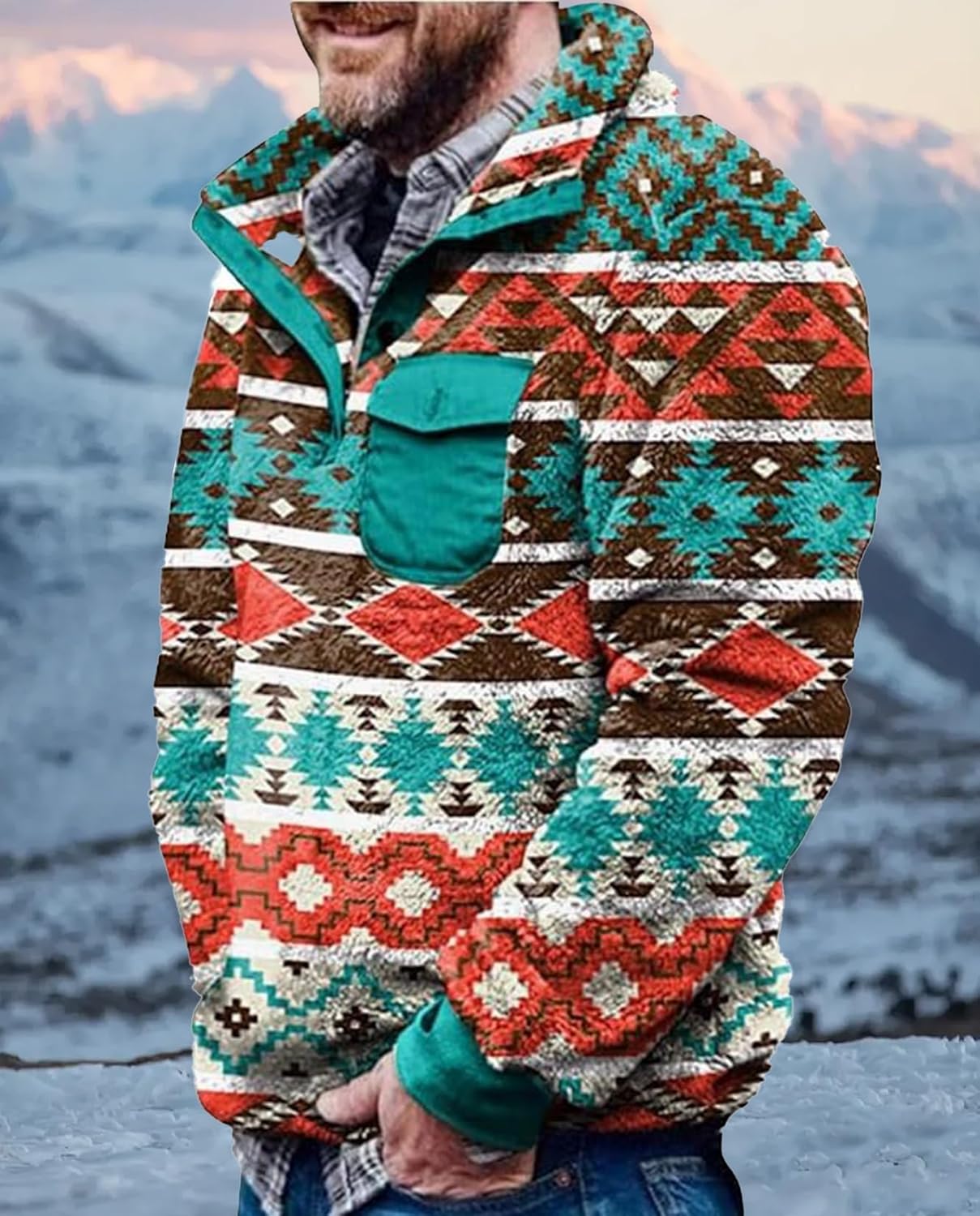 Western Sweatshirts for Men Aztec Fleece Pullover Sweatshirts Mens Vintage Print Fuzzy Sweatshirt - Image 2