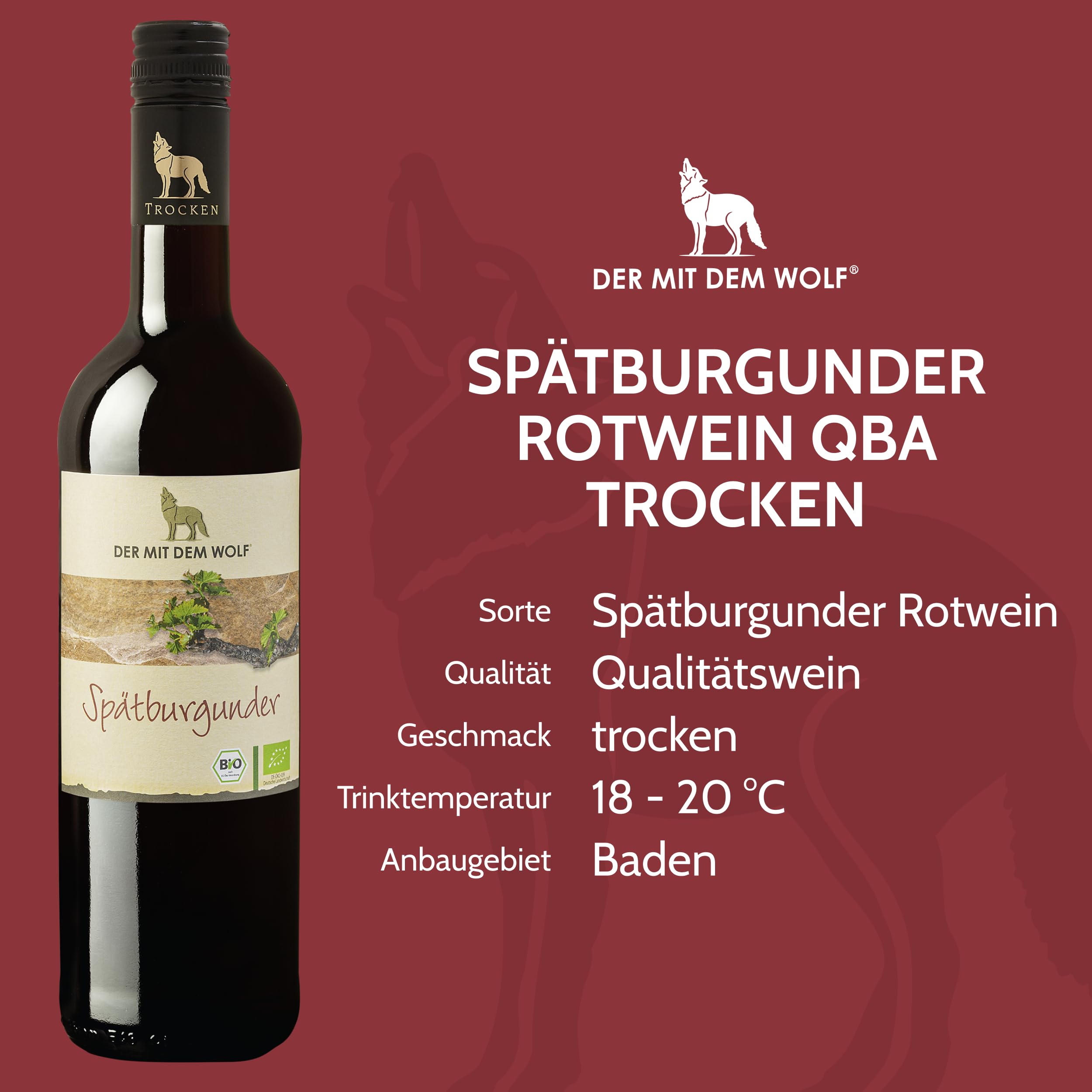 Wolfenweiler Bio Spätburgunder trocken - Rotwein trocken im dunklen rot, samtige Kirscharomen, gut eingebundene Tannine, QbA Qualitätswein aus Baden (6 x 0,75l)