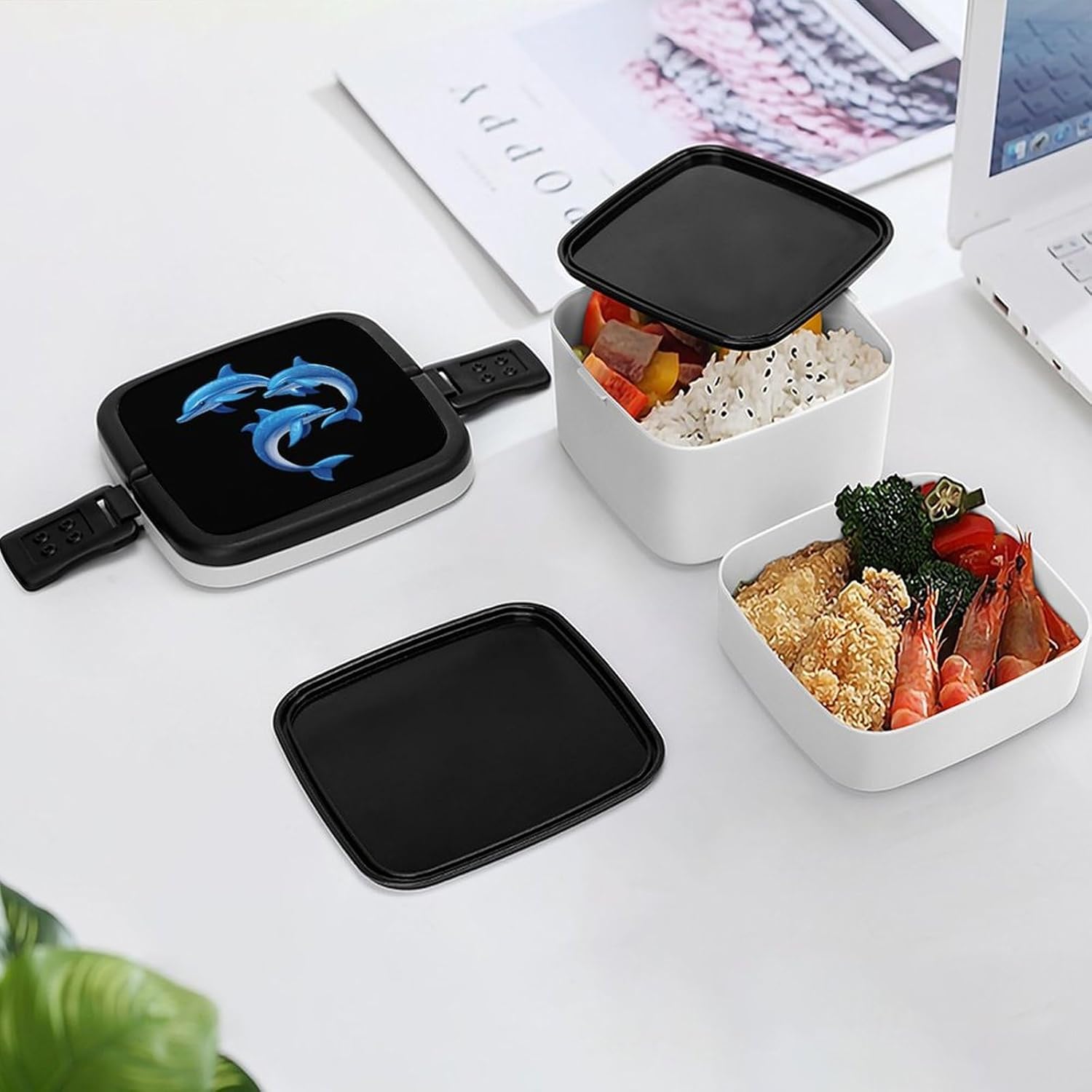 Dolphin Bento Box with Spoon 2 Layer Food Container Cute Lunch Box for Travel Dining Work