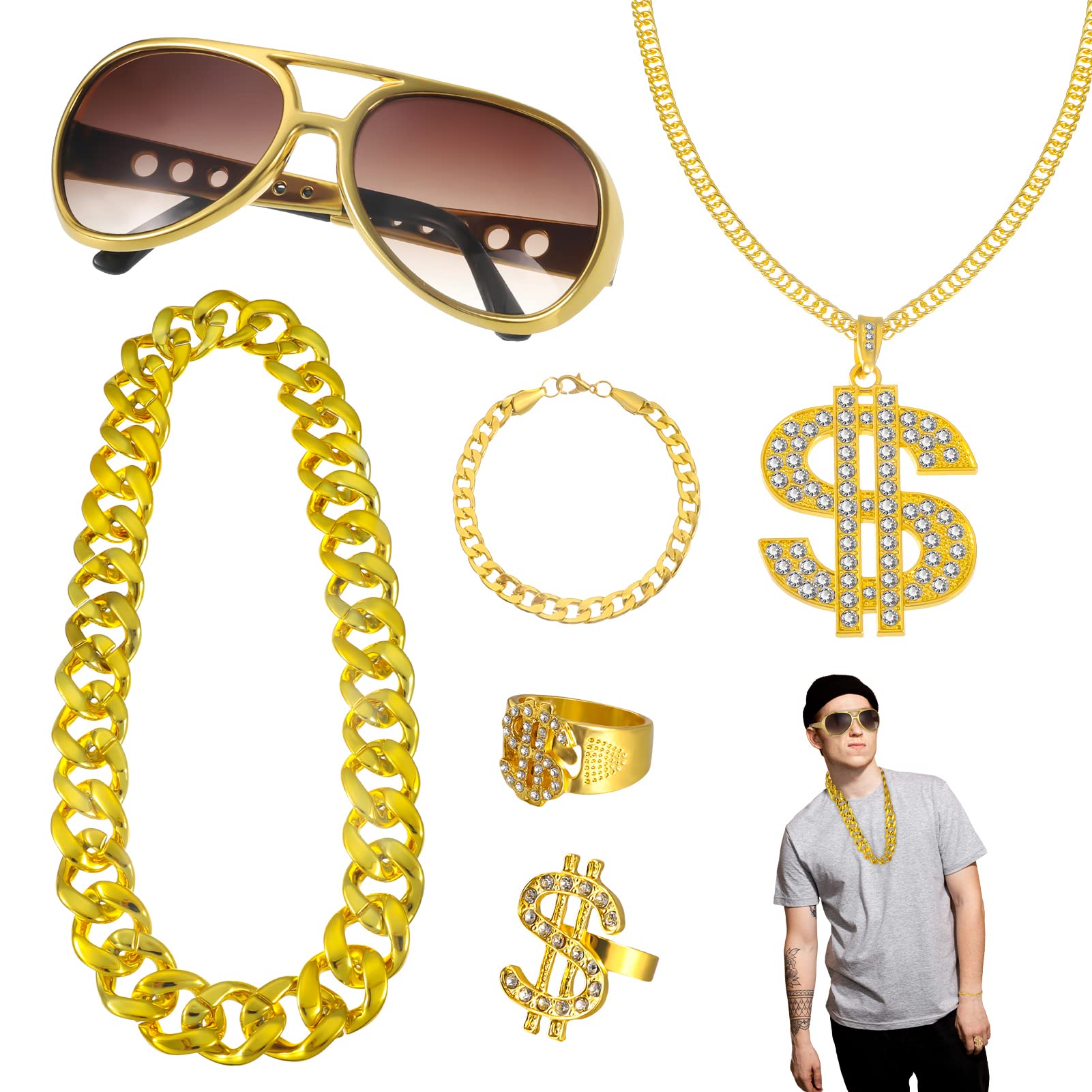 FRIUSATE 6pcs Hip Hop Costume Kit, 80s 90s Rapper Accessories Dollar Sign Necklace, Gold Dollar Ring, Retro Sunglasses Golden Bracelet, Rapper Fancy Dress Accessories for Men Women