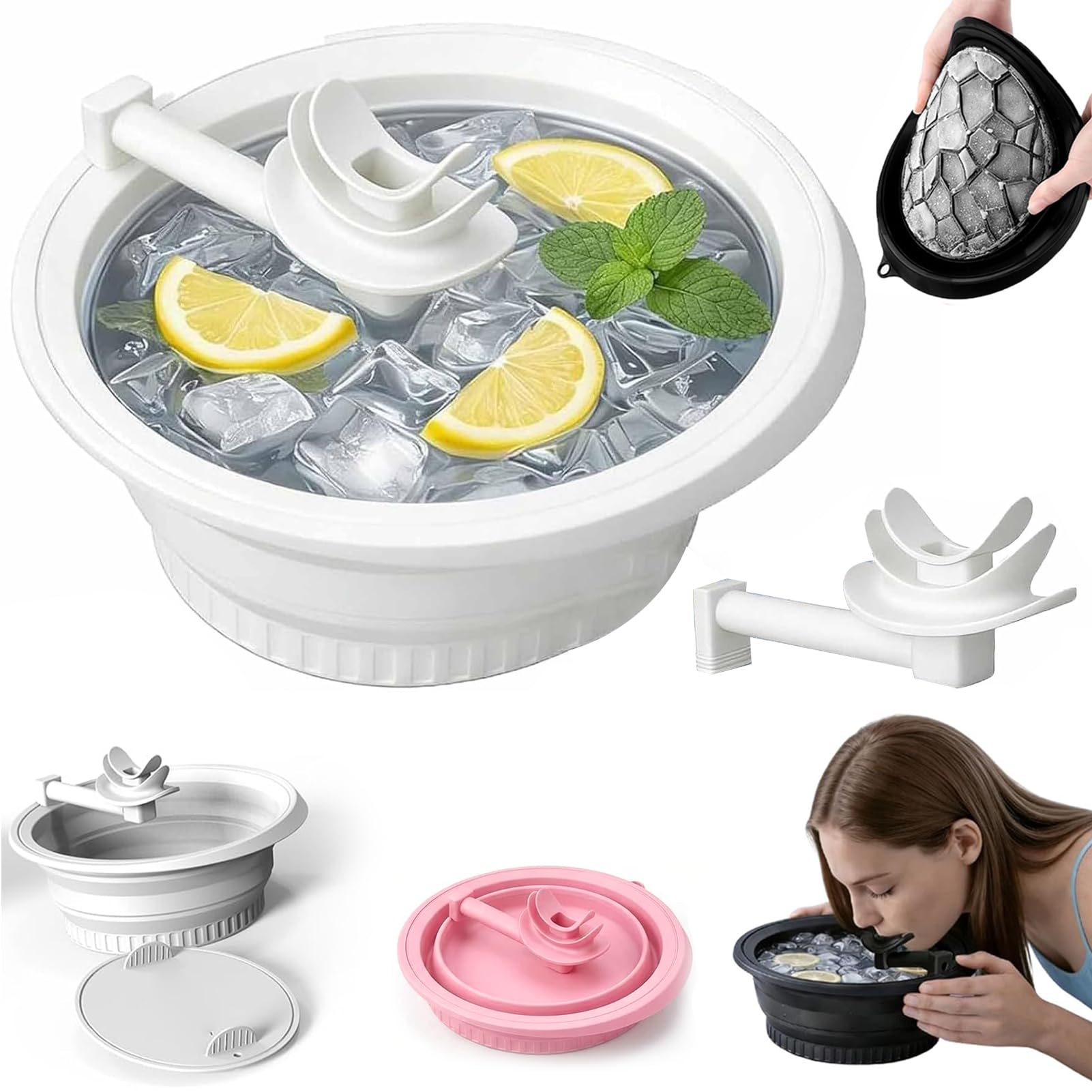 2026 Upgraded Face Bowl for Ice - Foldable Silicone Facial Ice Bath Bowl, 2 in 1 Face Bowl for Ice with Built-in Ice Tray & Snorkel, Portable Ice Facial Bowl Collapsible for Home, Travel (White)
