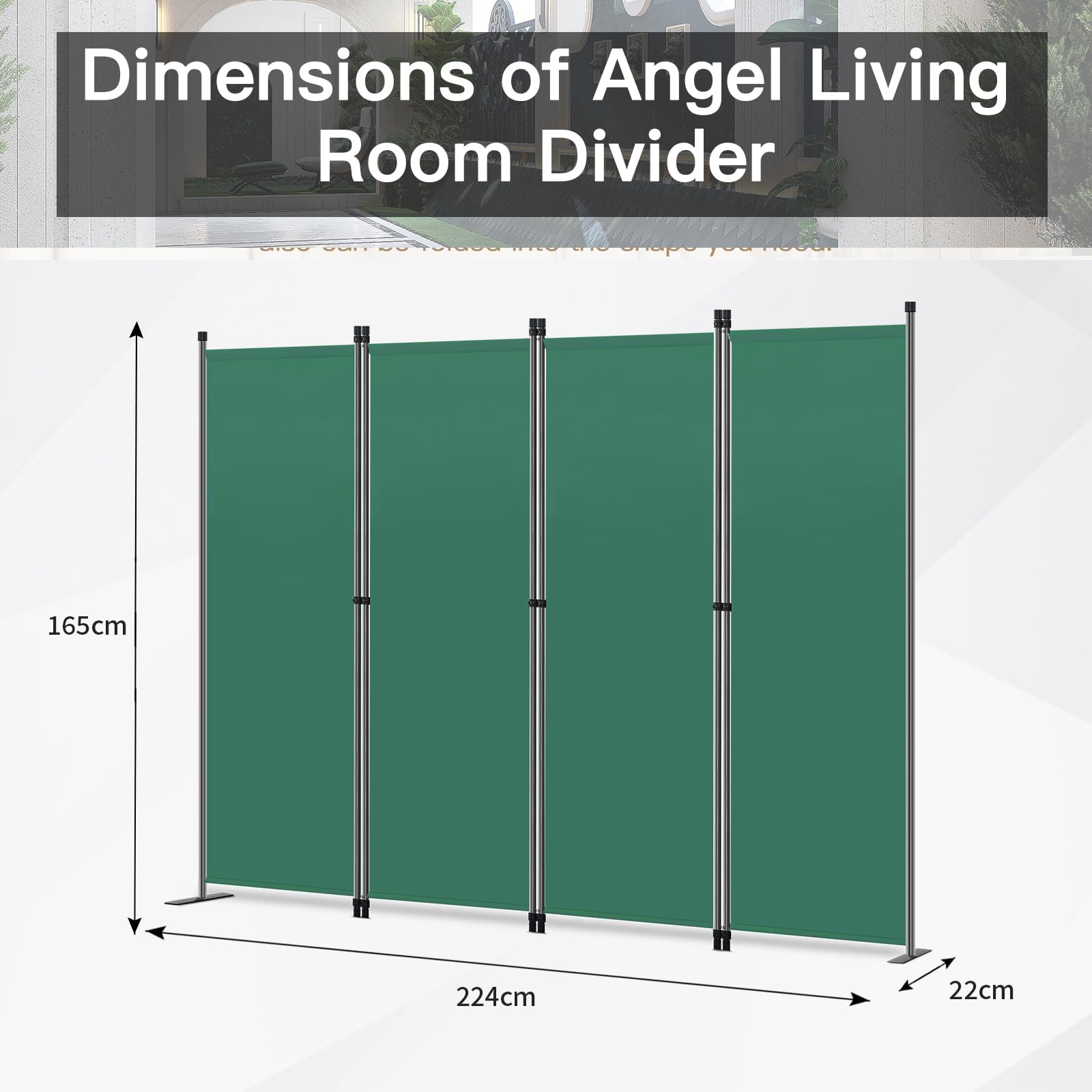 Angel Living Biombo Separador de 4 Paneles, Decoración Elegante, Separador de Ambientes Plegable, Divisor de Habitaciones, 224X165 cm (Verde)