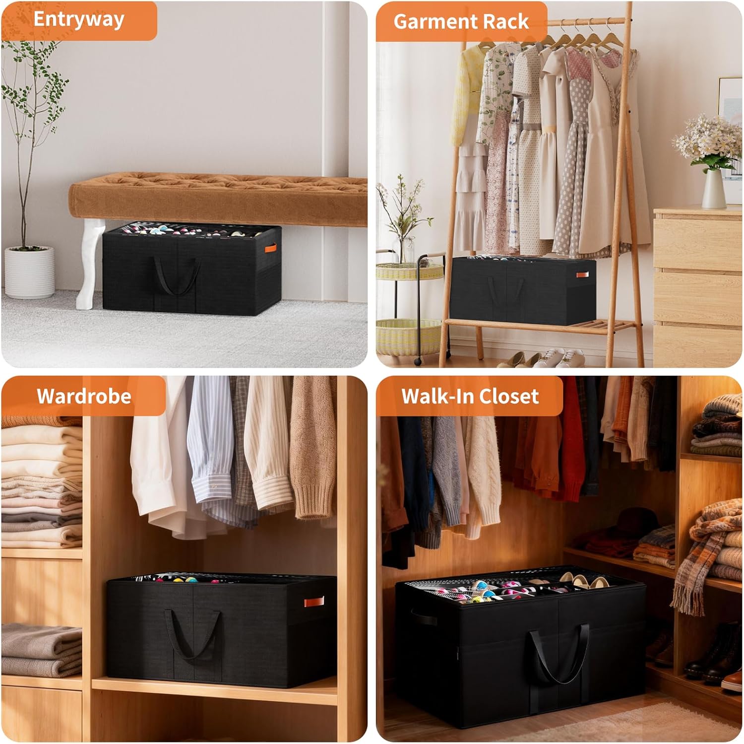 Aokeyee 2 Pack Shoe Organizer for Closet, Large Shoe Storage Box Fits up to 48 Pairs, Space Saving Foldable Shoes Organizer Bin w/Clear Cover and 4 Reinforced Handles, Black