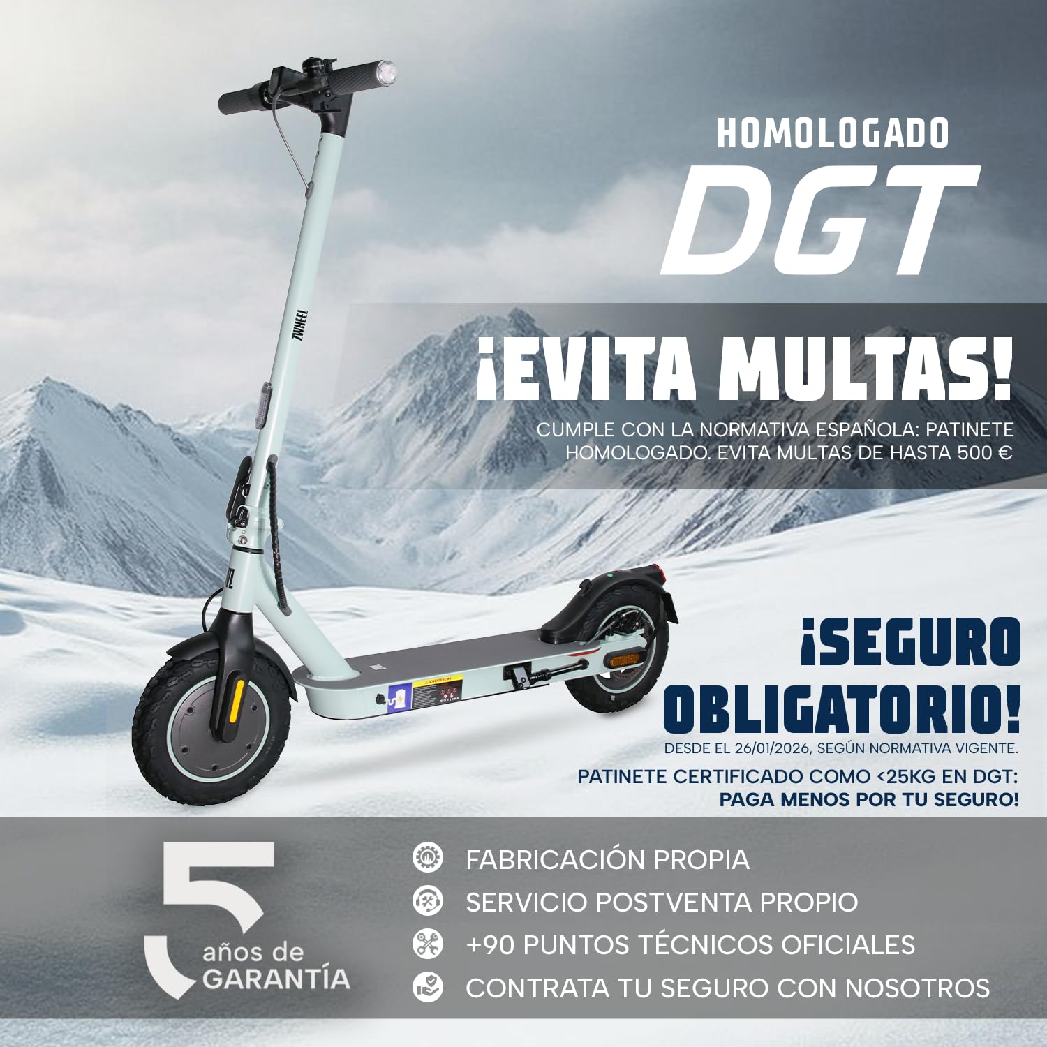 ZWHEEL ZFOX Plus | Patinete Eléctrico Adultos Homologado DGT (300-600W) - 35km Autonomía, Regeneración al Frenar, Intermitentes, Ruedas Mixtas 10" de Aire, Frenos de Disco y Eléctricos