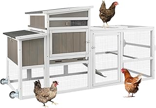 Chicken Coop Mobile Wooden Hen House with Nesting Box,75" L Outdoor Chicken House with Wheels and Removable Tray,Fir Wood Chicken Tractor with 4 Ventilation Door and Ramp,Grey