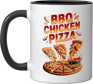 90s Vintage BBQ Chicken Pizza Slice Fast Food Pizzas Ceramic Mug, Black/White