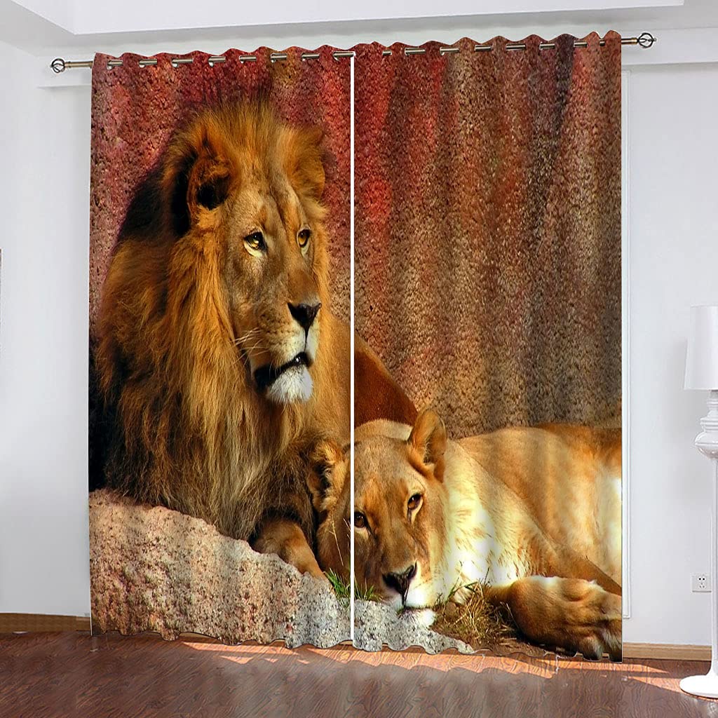 Maynuo Golden Bedroom Blackout Curtains 3D Super Soft Kids Animal Lion Curtain For Living Room 104X94inch 2Pcs Top Eyelet Room Darkning Blackout