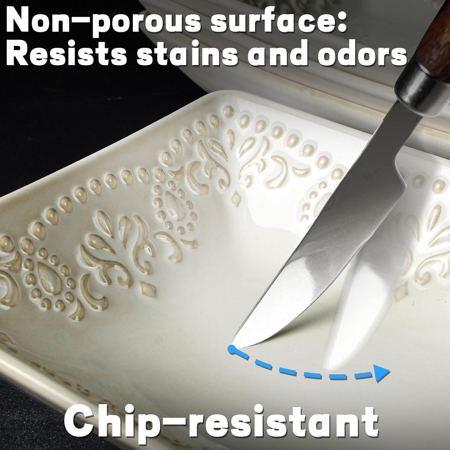 Artena Ceramic Pasta Bowls Set of 4-9.85 Inch Large Salad Bowls, 25 oz Serving Bowls for Soup, Dinner & Party - Embossed Microwave Safe Kitchen Dishes, Rectangle Plates (Damask Floral) - Image 5