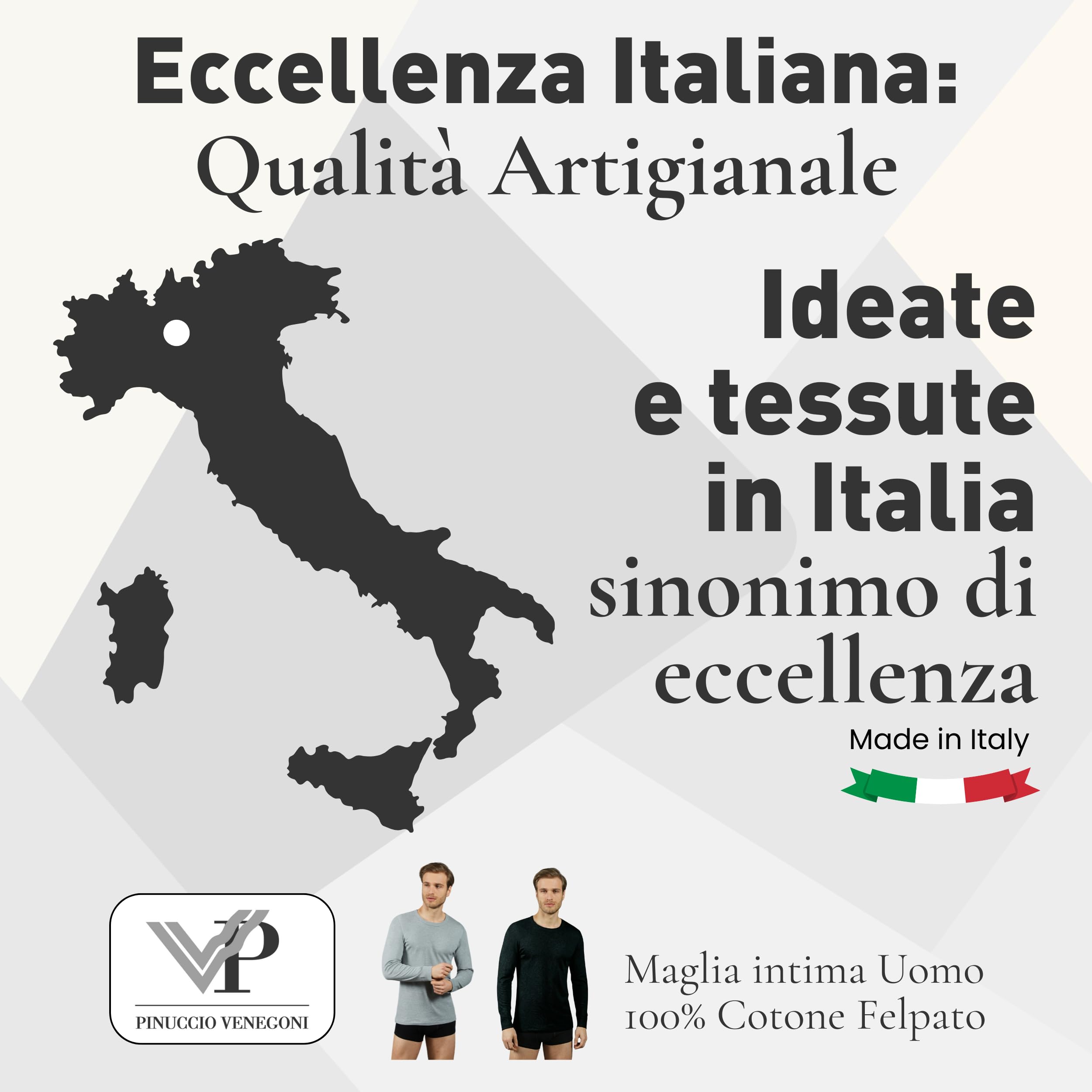 VP PINUCCIO VENEGONI Camiseta de manga larga para hombre (paquete de 2) 100% algodón afelpado | Camiseta térmica para hombre de invierno, cuello redondo, camiseta interior, fabricada en Italia