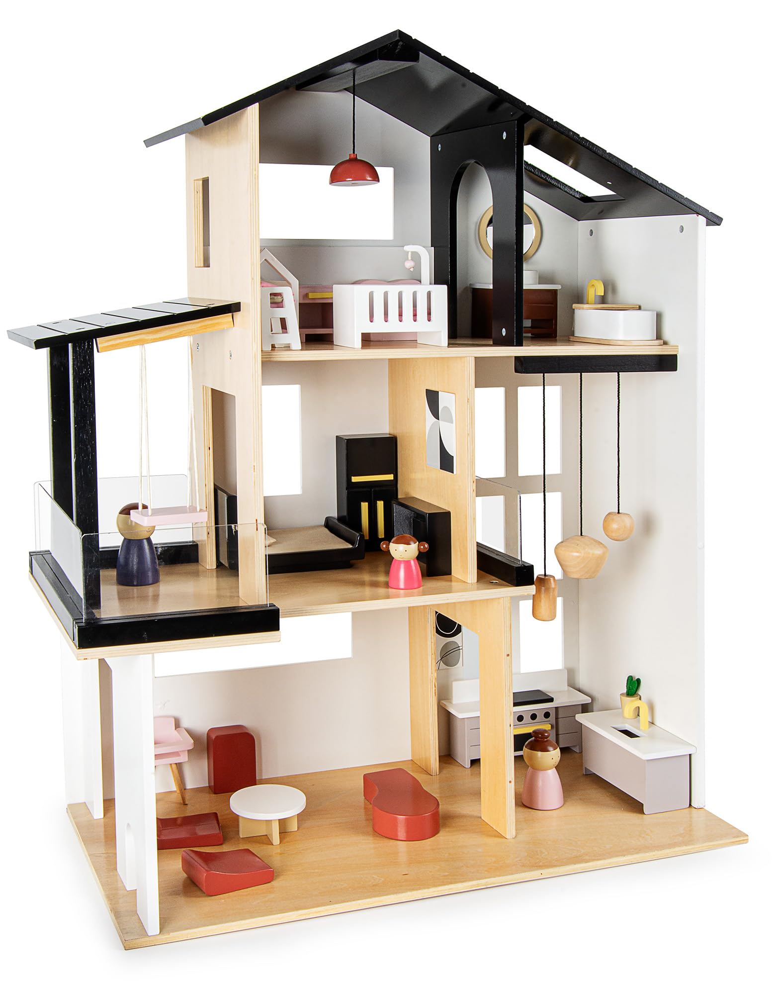 Leomark Appartamento, Moderna Casa delle bambole in legno, in stile LOFT con persiane e terrazza, Con arredamento e tanti accessori, Dimensioni: 80x30x63 cm.