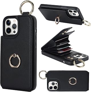 Folosu for iPhone 12 Pro Max Wallet Case with Card Holder, 360°Rotation Ring Holder Kickstand, RFID Blocking PU Leather Finger Grip Key Ring, Protective Double Buttons Shockproof Cover 6.7" Black