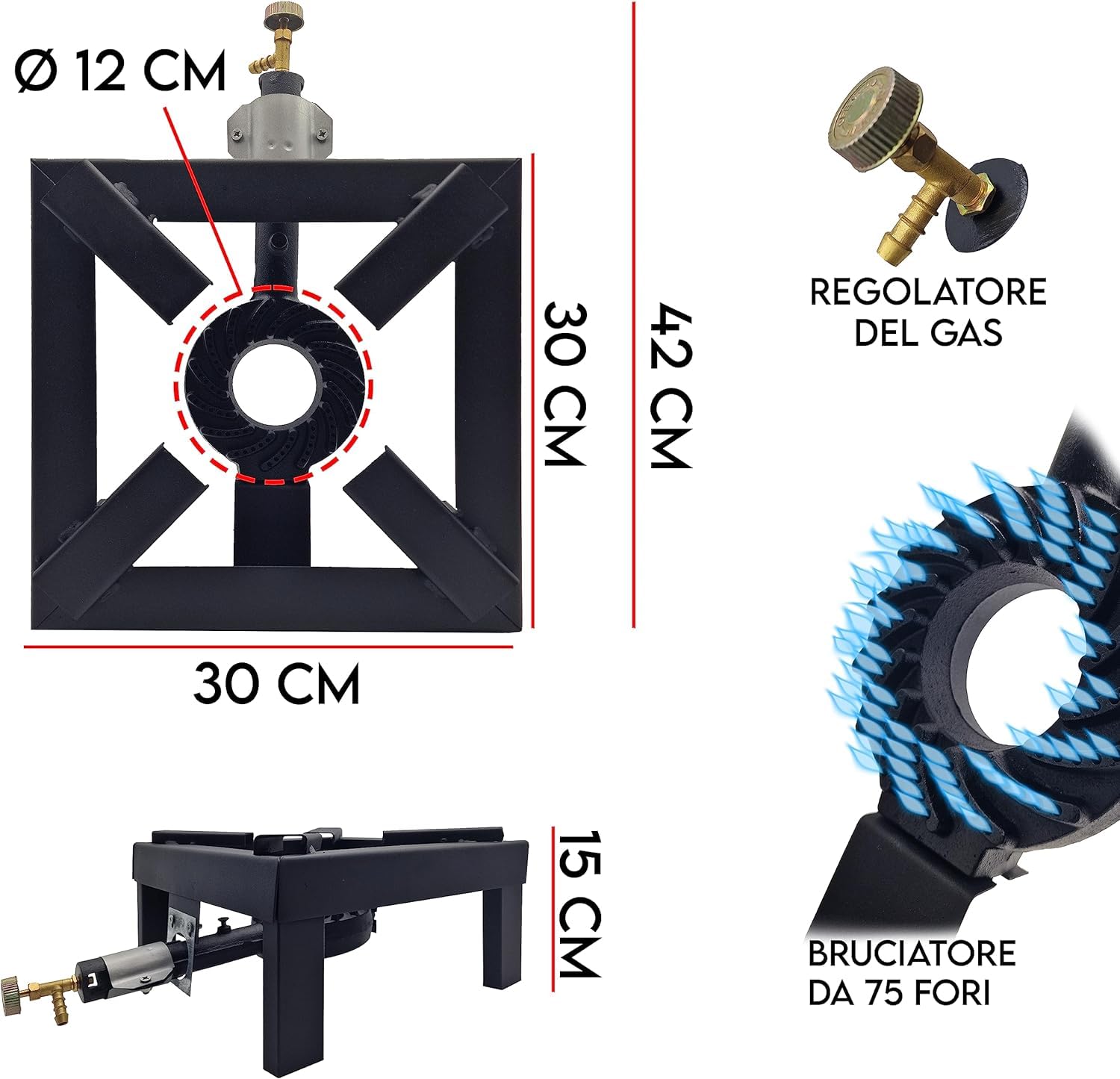 FORNELLONE CM 30 X 30 BRUCIATORE IN GHISA FUNZIONA A GAS BOMBOLA + GAS METANO IN ACCIAIO VERNICIATO