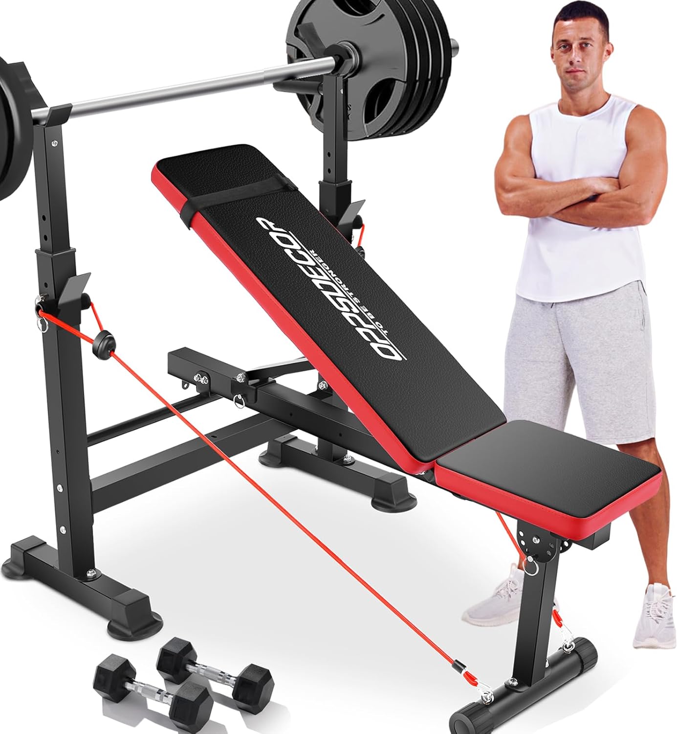 OPPSDECOR Adjustable Weight Bench Set with Squat Barbell Rack, Removable Foot Bracket, 600lbs All in 1 Weight Bench, Foldable Workout Bench for Full Body Exercise Home Gym MTY-1318 Bench Press