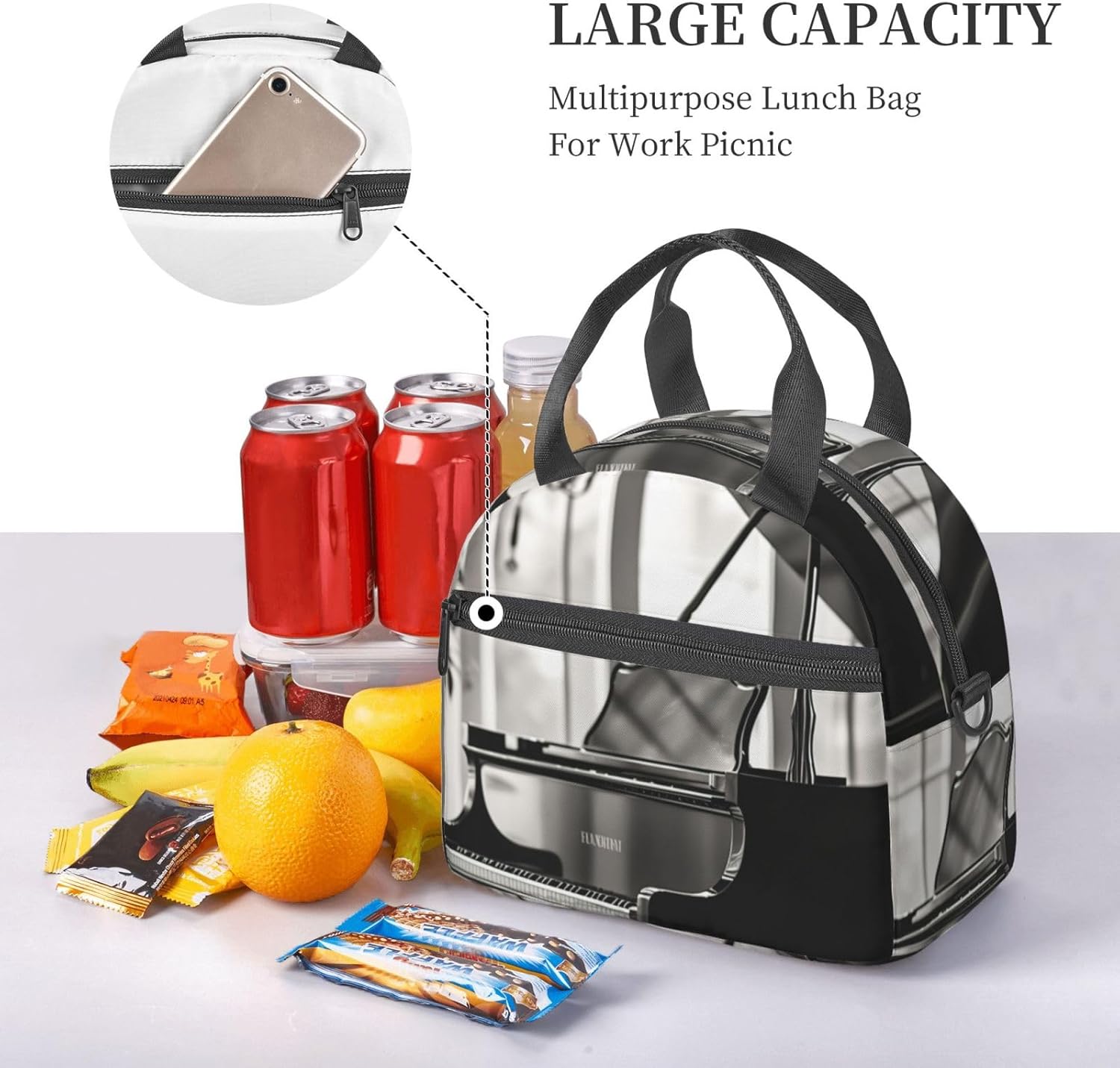 Piano Print Reusable Lunch Bag Insulated Lunch Boxes for Office Work Picnic Tote Bag Adjustable