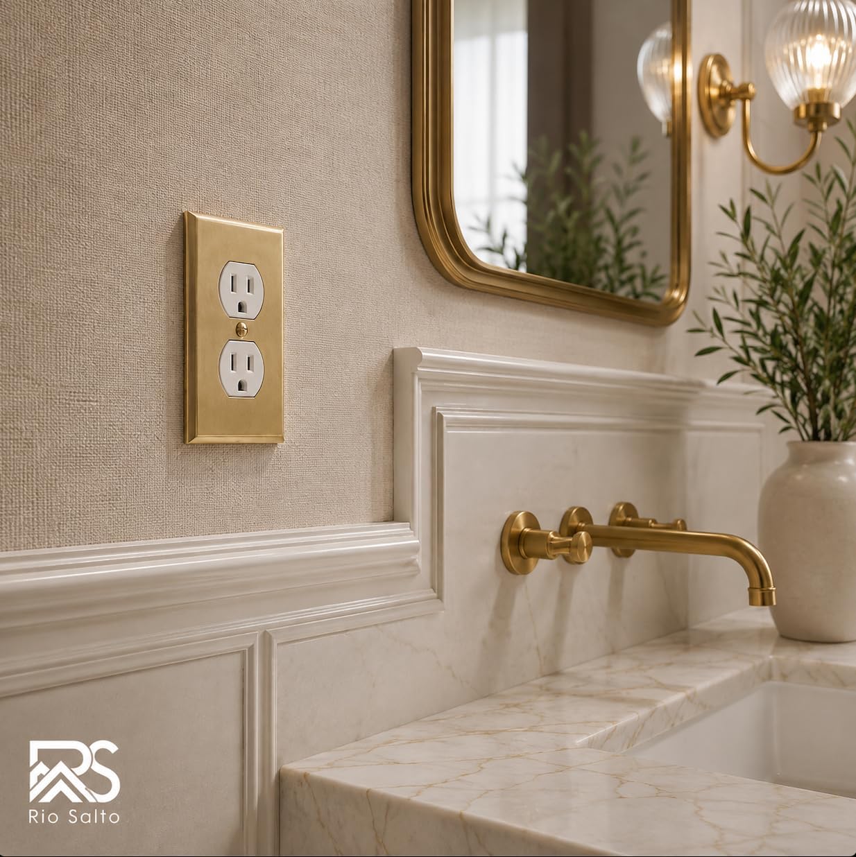 Rio Salto BRASS Signature Collection Brushed Brass Gold Metal Outlet Covers, Decorative Light Switch Cover Plate Wall Plate, Premium, Duplex 1-Gang, 2.75" X 4.50" Standard Size, 2-Pack image 2