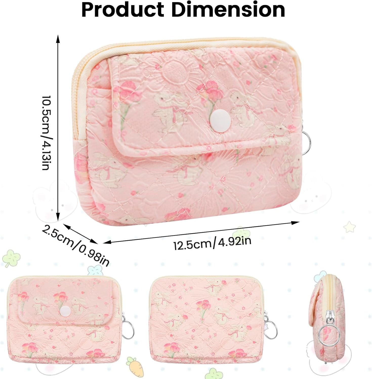 LJCZKA Cotton Quilted Coin Purse for Women, Small Cute Storage Bag with Zipper, Kawaii Mini Coin Pouch with Keyring for Kids - Image 2