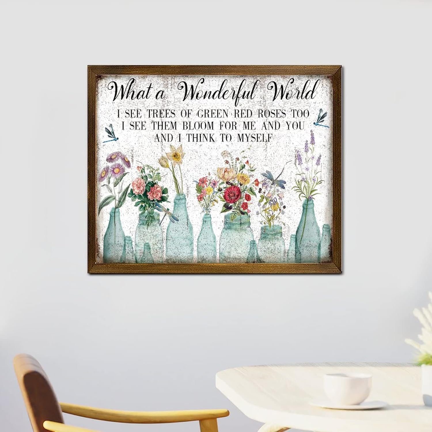 What A Wonderful World Framed Wood Sign Vintage Dragonfly Tulip Rose Flower Vase Hanging Sign Farmhouse Hello Spring Flower Wood Hanging Wall Art Decor for Home Family Living Room Bedroom 16x20 Inch