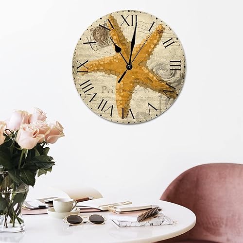 Miniatura 252 de ArogGeld Reloj de pared con diseño de estrella de mar antigua francesa, de cloruro de polivinilo, con números romanos, de 10 pulgadas, funciona