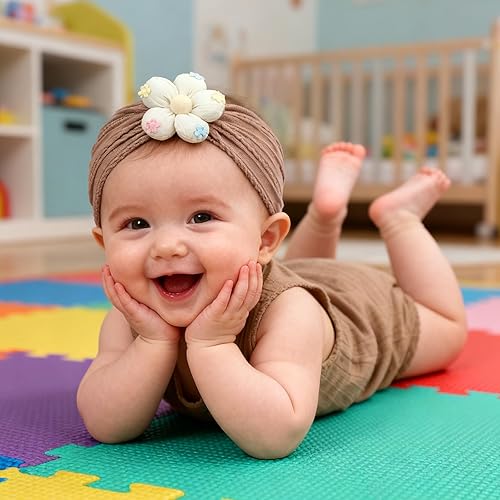 Miniatura 5 de Diadema de 3 piezas con diseño de flores, de nailon, suave, cómoda, elástica, para baby shower, recién nacidas, esenciales para bebés y niños