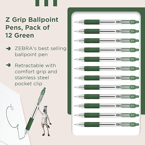 Miniatura 3 de Zebra Pen Z Grip - Bolígrafos verdes, suaves y cómodos con clip de bolsillo, bolígrafos retráctiles con tinta verde, paquete múltiple fiable para
