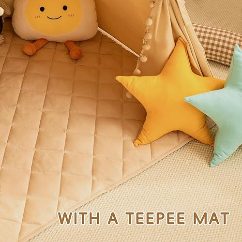 Miniatura 2 de Tienda de campaña tipi para niños con alfombra, lona de algodón con pompón para niños pequeños, tienda de campaña de juegos para interiores para