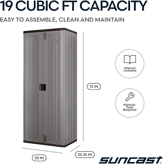 Suncast Tall Storage Cabinet for Garage Organization - 72 Freestanding Utility Closet with Shelving for Garden Supplies, Paint Cans & Outdoor Tools, Multi-Wall Resin Construction, Platinum