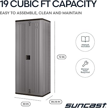 Suncast Tall Storage Cabinet for Garage Organization - 72 Freestanding Utility Closet with Shelving for Garden Supplies, Paint Cans & Outdoor Tools, Multi-Wall Resin Construction, Platinum
