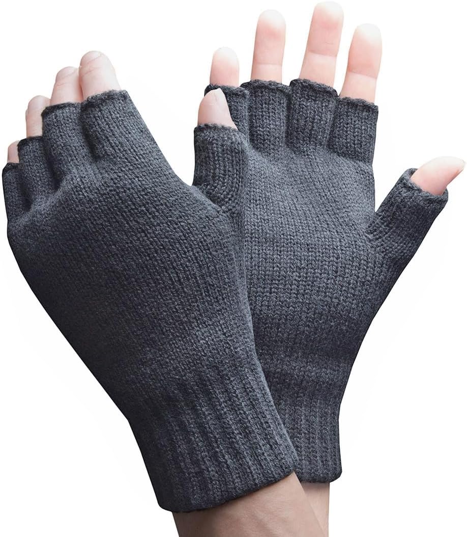 Mens Winter Warm 2.3 TOG Fleece Lined Insulated Knit Thermal Fingerless Gloves, Grey 2, One Size