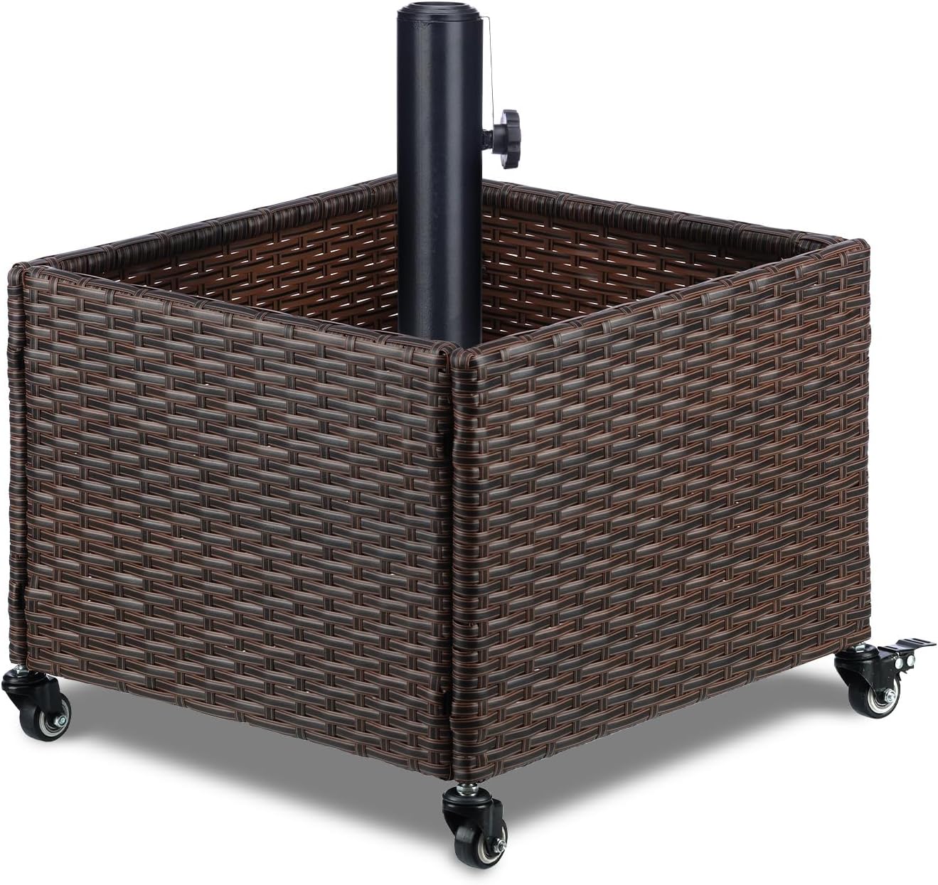 LEWIS&WAYNE Outdoor Umbrella Base with Fillable Planter Box Heavy Duty Patio Umbrella Stand with 4 Wheels Rolling Umbrella Holder for Outdoor Patio Deck Garden Brown
