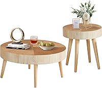 Vista 8 de Juego de 2 mesas de centro redondas anidables de AVZEAR, mesa de café moderna de estilo granja, mesas anidables de madera natural estilo boho, mesa