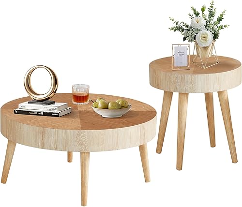 Miniatura 8 de Juego de mesa auxiliar moderna de 2 piezas para sala de estar, diseño moderno de grano de madera, acabado de madera natural, mesa auxiliar y mesa