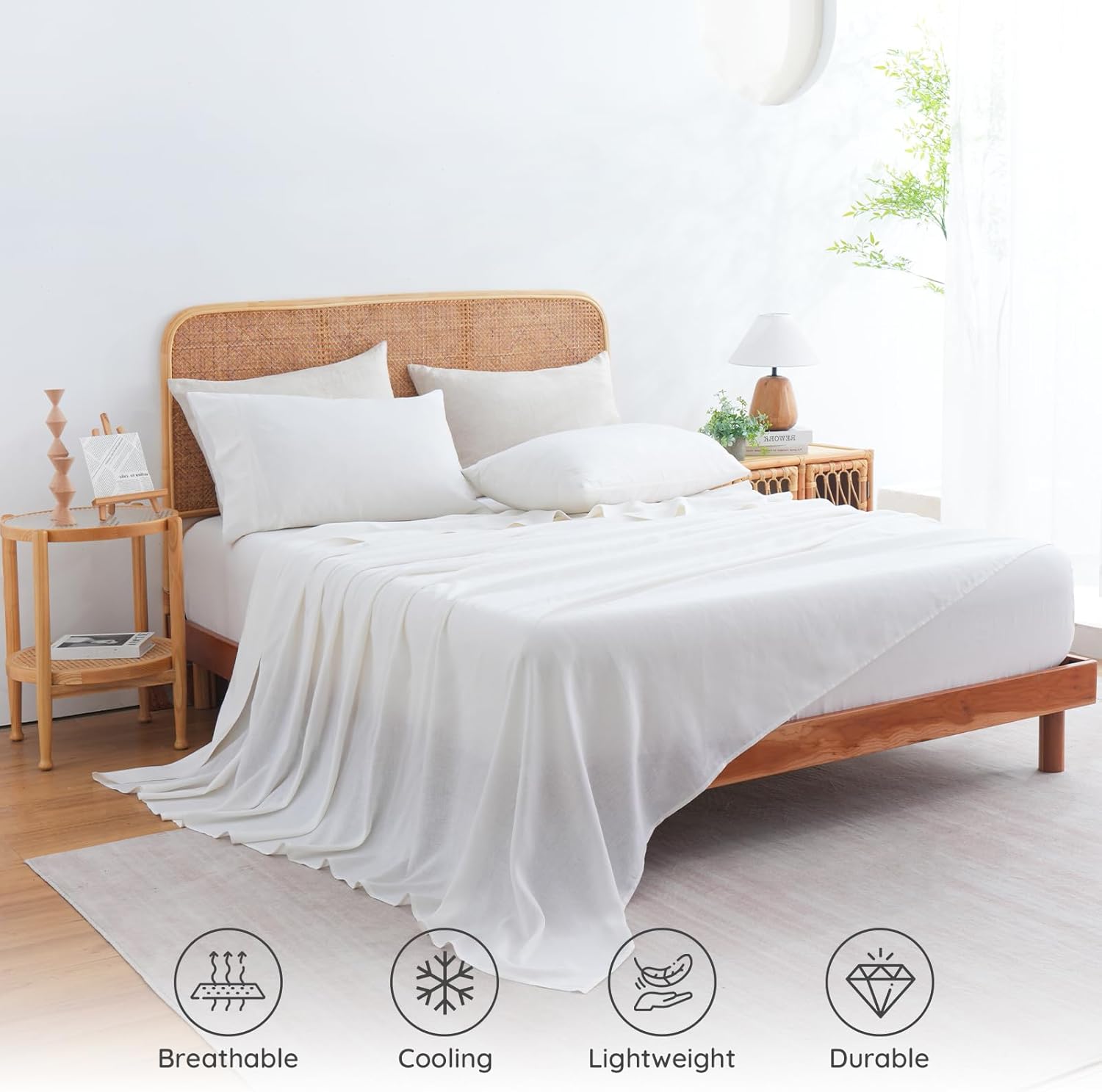 Queen Size Linen Blend Tencel Sheets Set,Made by Natural Plant Fiber, 16 Deep Pocket Breathable Durable Environmental Bedsheets, White