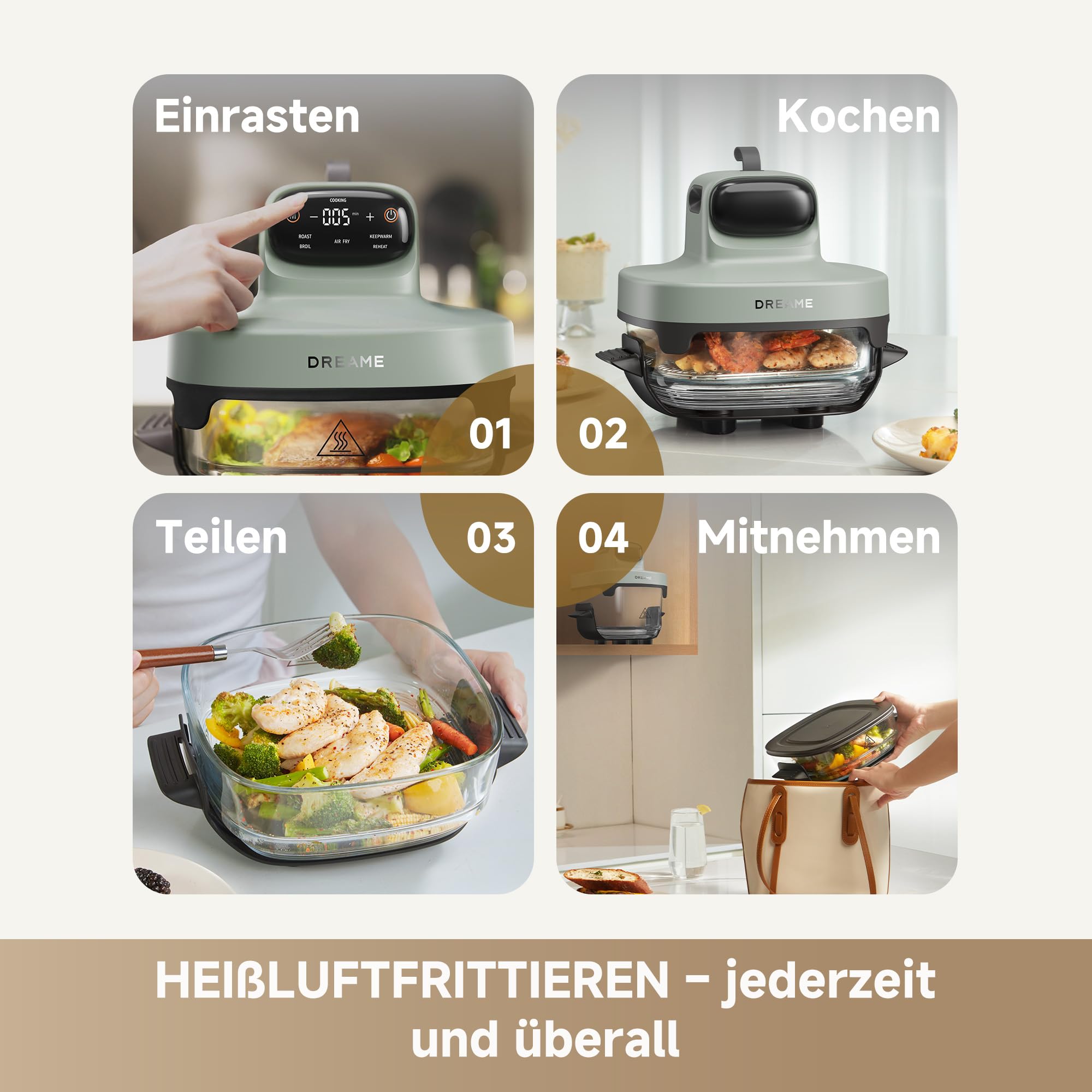 dreame Tasti AirFryer 5-in-1 tragbare Glas-Heißluftfritteuse, Zwei-Behälter-Setup (2,5 L + 4,5 L), 6 mm Borosilikatglas, 3D-Heißluft-Umwälzung, spülmaschinengeeignet, 360°-Panorama-Ansicht, abnehmbar