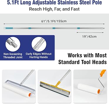 Self Leveling Concrete Tools, Spiked Roller for Self Leveling with Adjustable 5.1ft Pole, Garage Floor Epoxy Kit with Cement Leveling Rake, Spike Shoes for Epoxy Flooring