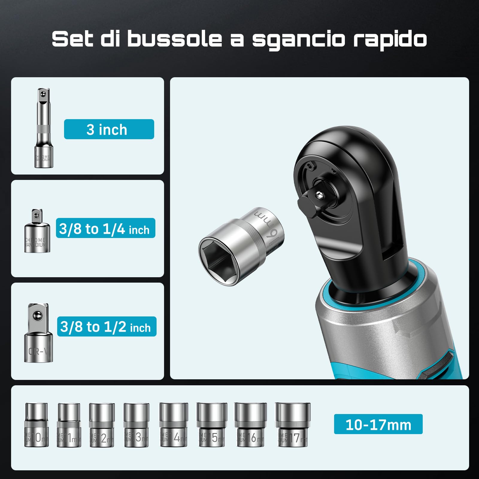 Seesii 3/8" Chiave a cricchetto elettrica, 80 N·m chiave a cricchetto con batterie 2x2.0Ah, 300 giri/min Chiave a cricchetto a batteria bussole da 10 a 17 mm, più adattatori 1/4 & 1/2 prolunga da 3"