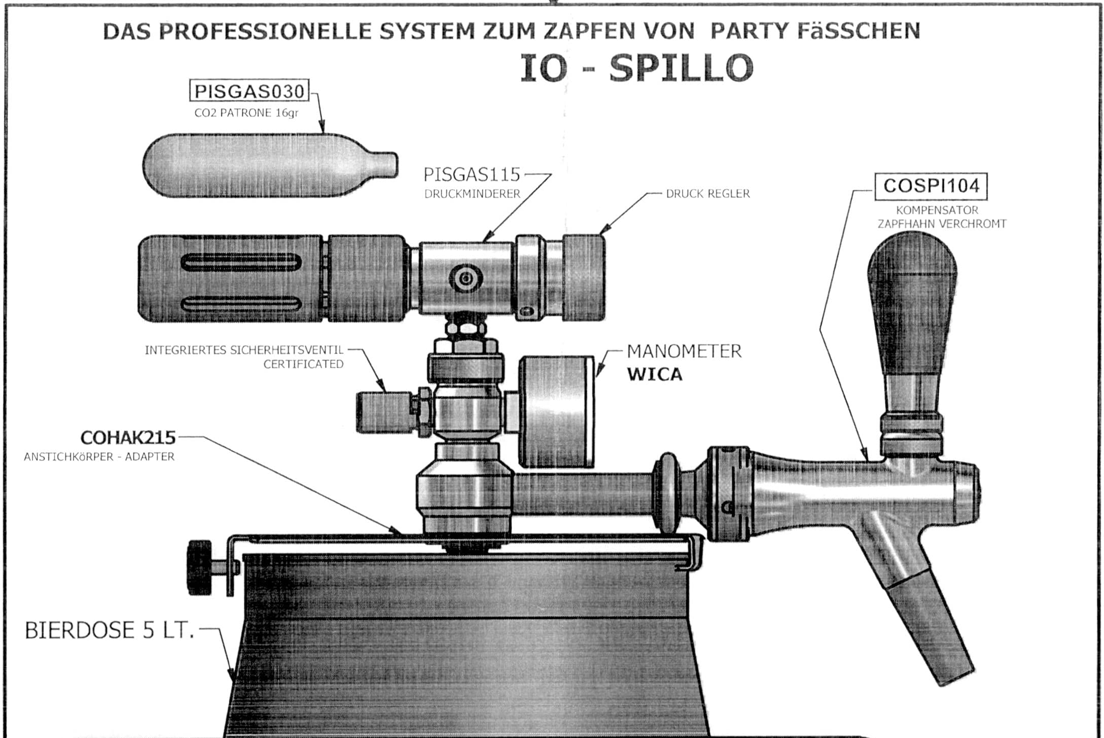 Zapfanlage "Io-Spillo" mit Manometer und Kompensator-Zapfhahn für handelsübliche 5 Liter Partyfässer, Kohlensäure-Zapfanlage für Hobbybrauer, Home Brewers
