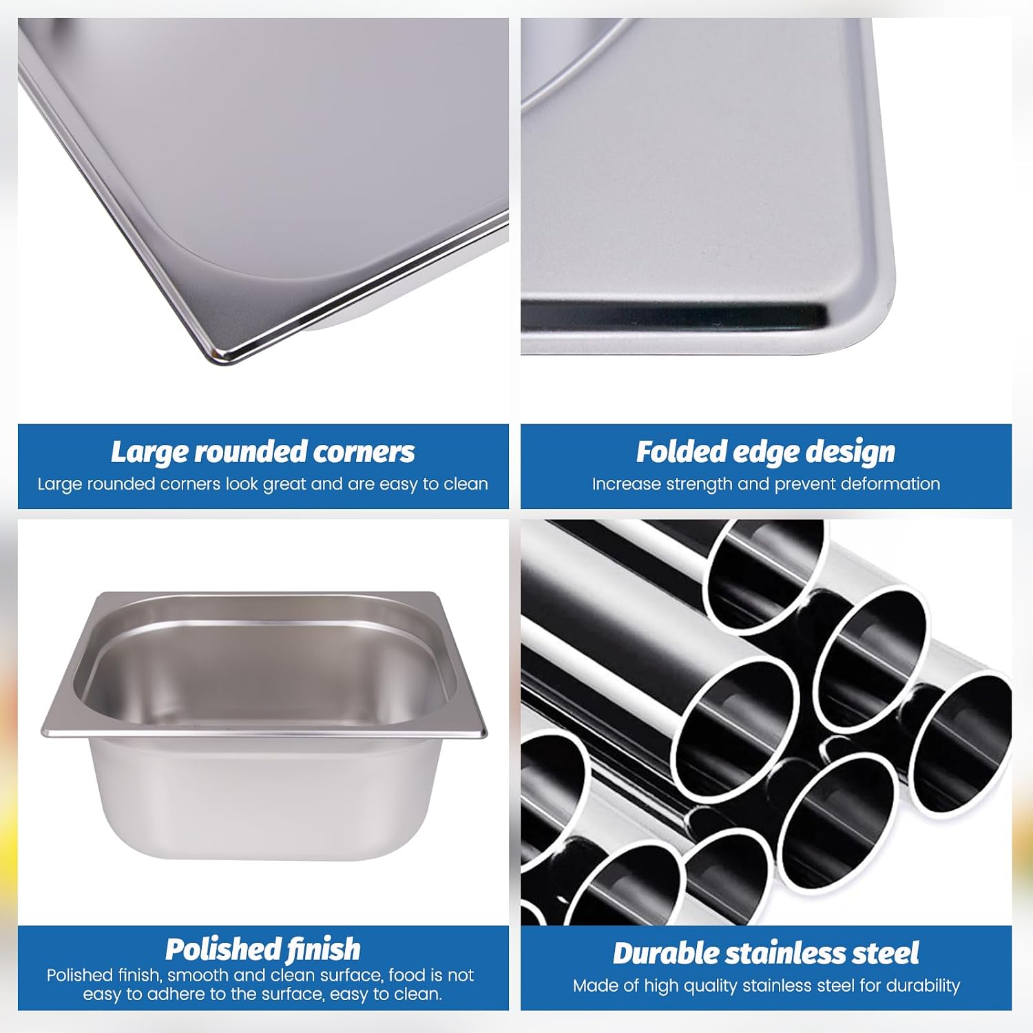 1/2 Size Hotel Pans，6 Pack 6” Deep Commercial Stainless Steel pan，Steam Table pans，Anti-Jam Food Pan for Home，Hotel，Party and Restaurant