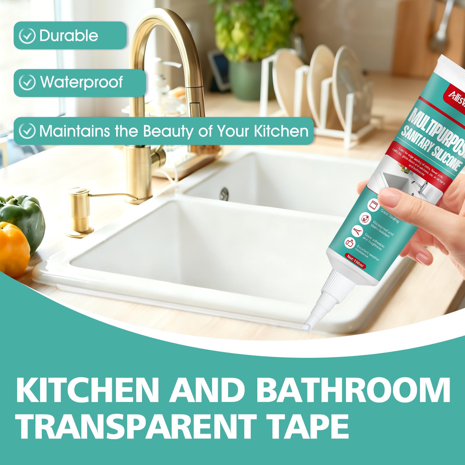 150ml Silicone Trasparente Sigillante, Silicone Bagno,Sigillante Impermeabile, Adatto per Lavelli da Cucina, Bagni, WC e Bordi Piscina, Trasparente