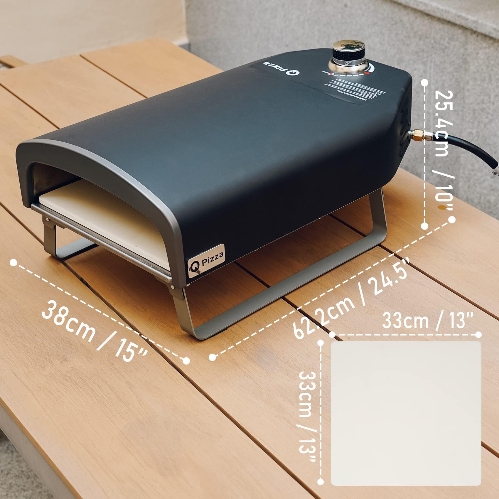 Q Pizza - Forno a gas per pizza con pietra per pizza da 33 cm e regolatore di gas UK, nero