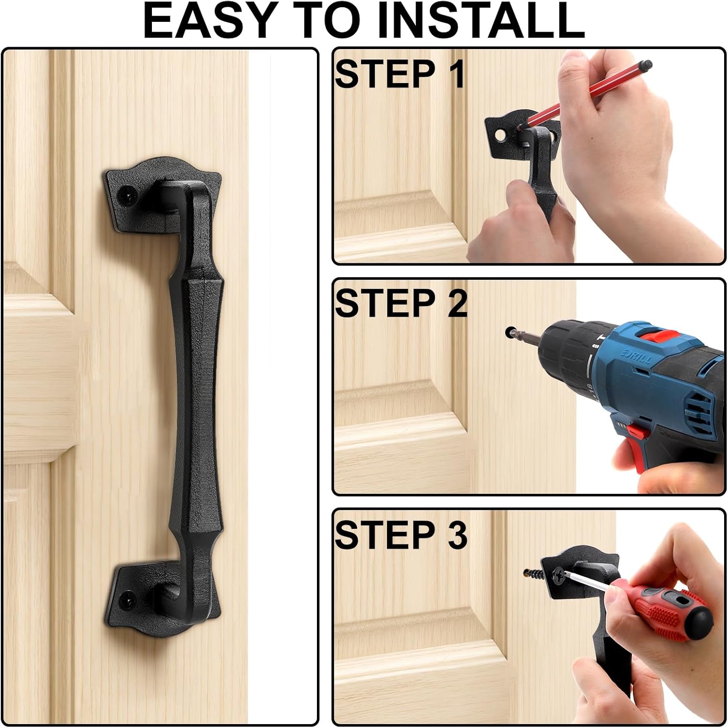 DEAYOU 10 Inch Sliding Barn Door Handle, Solid Cast Iron Door Pull, Rustic Square Gate Handle for Fence, Garage, Shed, Closet, Cabinet, Pantry, Matte Black, Screws Included, Easy Install