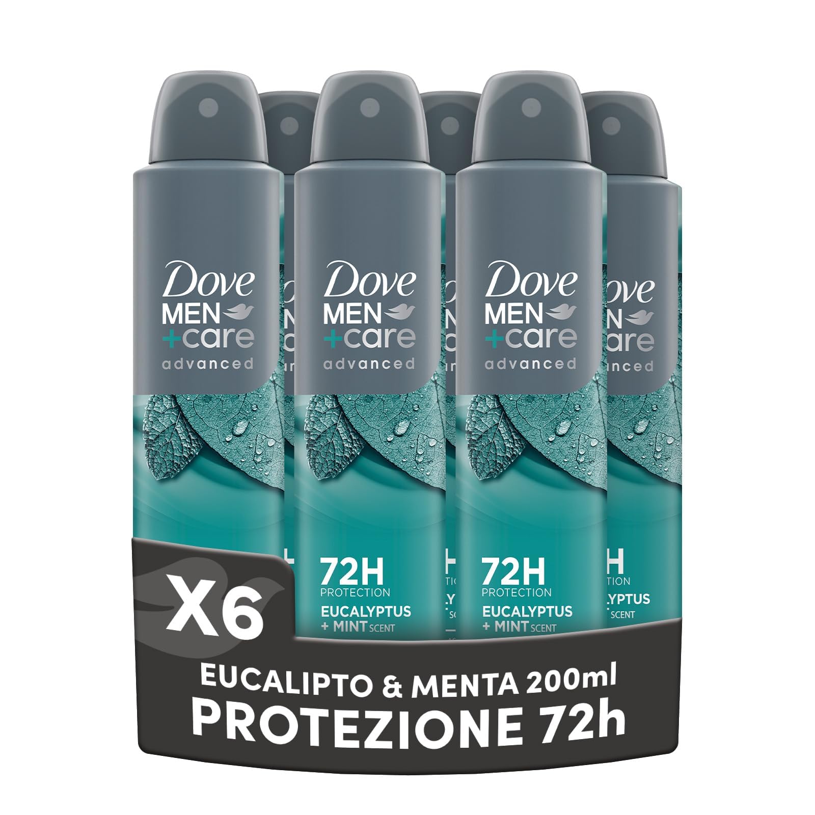 Dove Deodorante Dove Men + Care Eucalipto e Menta Spray Advanced Care, Deodorante Uomo, con 1/4 Crema Idratante, Formula Idratante e Delicata sulla Pelle, Protezione Fino a 72 Ore, 6 Pezzi da 200 ml