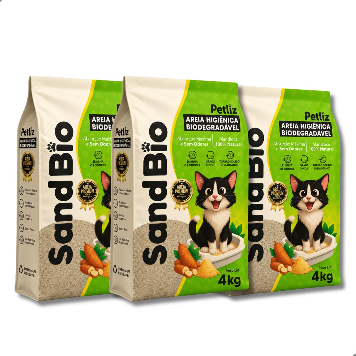 Kit 3 Areia Sanitária SandBio Higiênica de Mandioca para Gatos Biodegradável Natural
